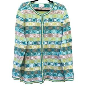 Breckenridge Woman Womens‎ 2X Cardigan Teal Green Geometric Cotton Knit Sweater